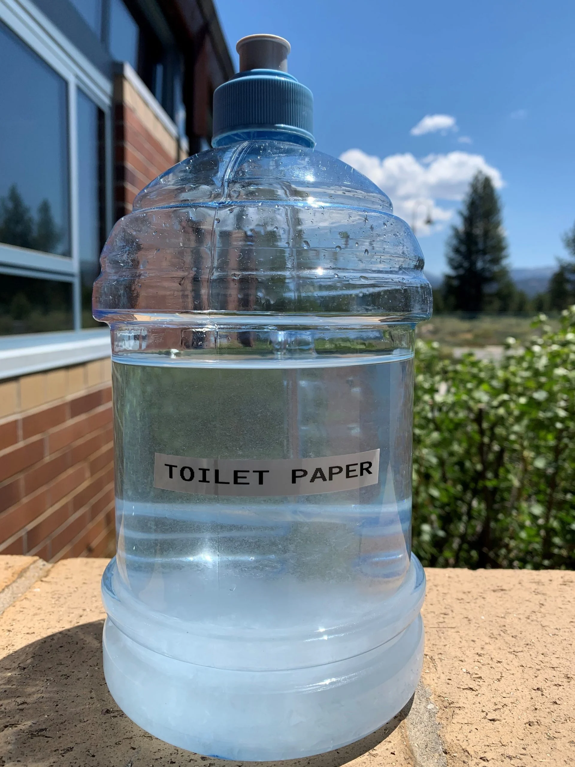 Toilet paper dissolved in a water jug