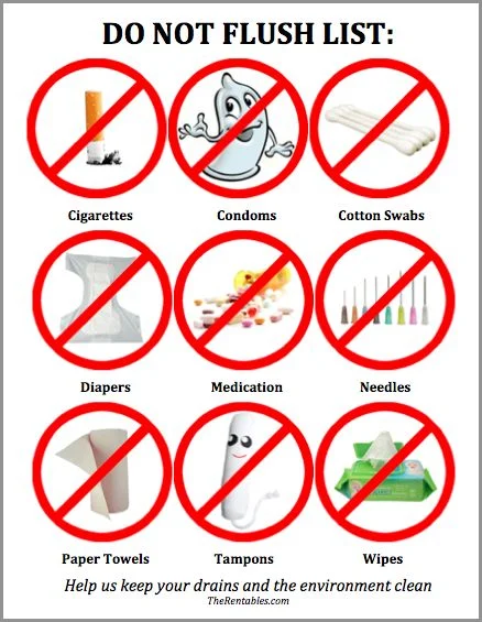 What-not-to-flush List of items that should not be flushed down the toilet, including cigarettes, condoms, cotton swabs, diapers, medication, needles, paper towels, tampons, and wipes